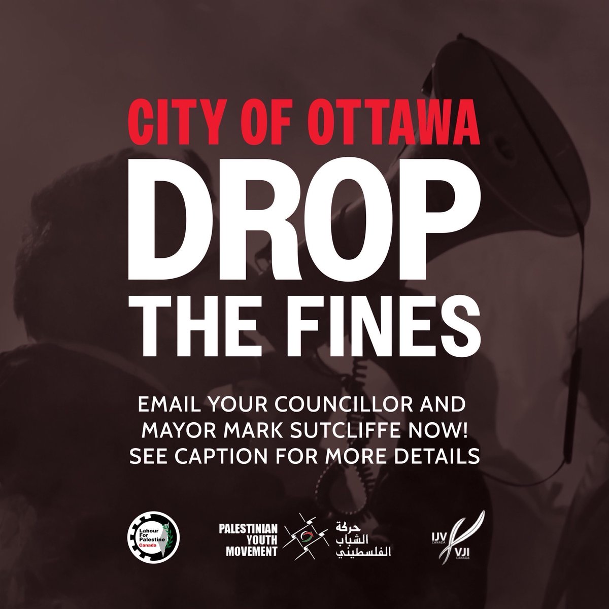 🚨TAKE ACTION

Last week, <a href="/OttawaBylaw/">Ottawa By-law</a> unjustly fined three protesters for simply using megaphones $500 apiece in a clear attempt to silence our movement.

Use the link below to send an email to your councillor and the mayor demanding they drop the fines: bit.ly/dropthefines