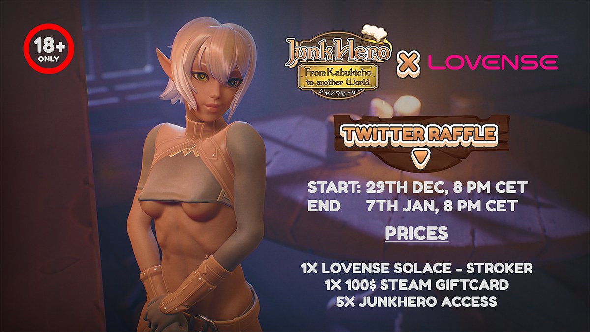Junk Hero - From Kabukicho to Another World' Raffle! 

Immerse yourself in our game's world where you'll date and build deep relationships with hot waifus, supported by @Lovense   for an unparalleled interactive experience! 

Ready to take your gaming to the next level? 

Win Big!

1 x @Lovense  Toy "Solace" to intensify your 'Junk Hero' adventures! 
1 x Steam Giftcard 
5 x  Access to Junk Hero to explore and connect in our unique Isekai world! 

To Win: 

- Follow us here on Twitter 
- Like this post & Comment  
- Retweet to spread the word!  

Starting 29th Dec, 8PM CET till 7th Jan 8PM CET. 

'Junk Hero' is about deep connections and thrilling interactions. Don't miss out! #JunkHeroGame #InteractiveDating #LovenseGaming 

We'll unveil the lucky winners after the raffle concludes.