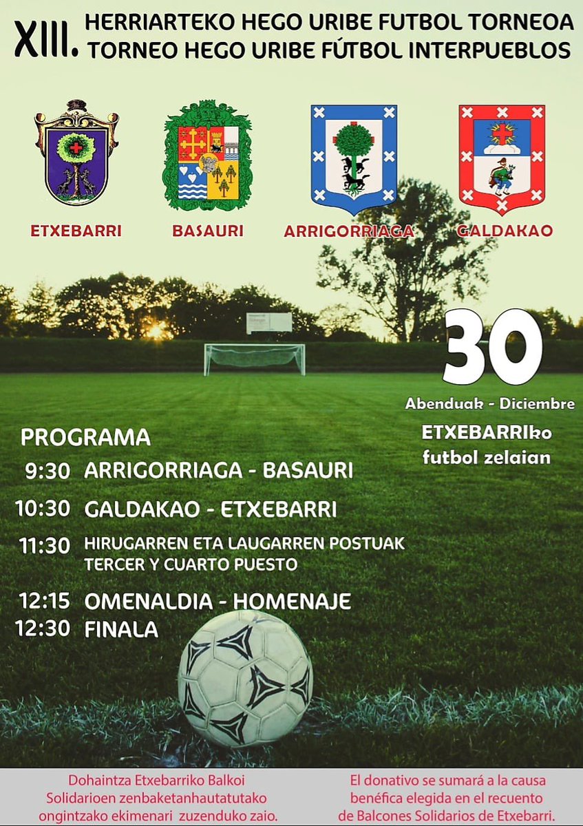 fvf_bff's tweet photo. El campo de fútbol de Etxebarri acoge este sábado día 30 el XIII Torneo Hego Uribe en el que participan las Selecciones senior de Arrigorriaga, Basauri, Galdakao y Etxebarri. Arranca a las 9.15 jugando la final a las 12.30 horas. https://t.co/hOCuInEGnD