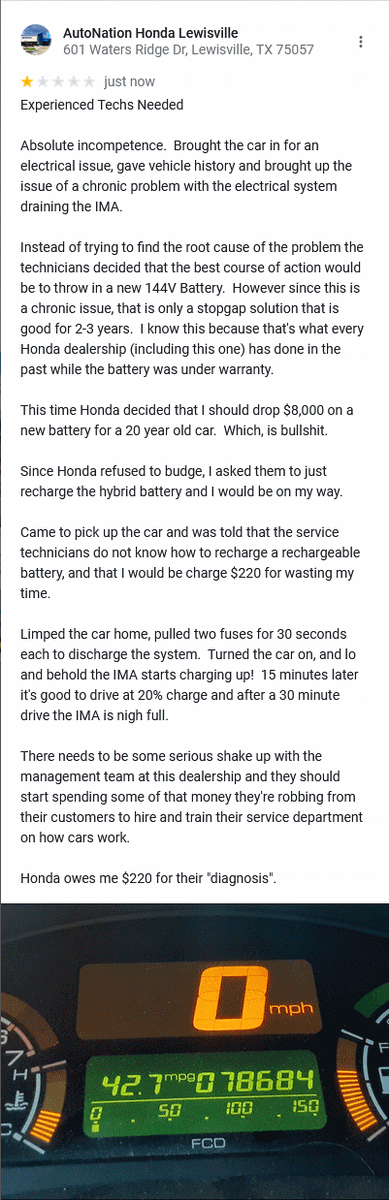 QuadraticAdam's tweet photo. Hey @Honda @HondaCustSvc, You need to have a talk with this dealership.  Very unsatisfactory service.
#Honda #CustomerService https://t.co/9F3d0E2kfS