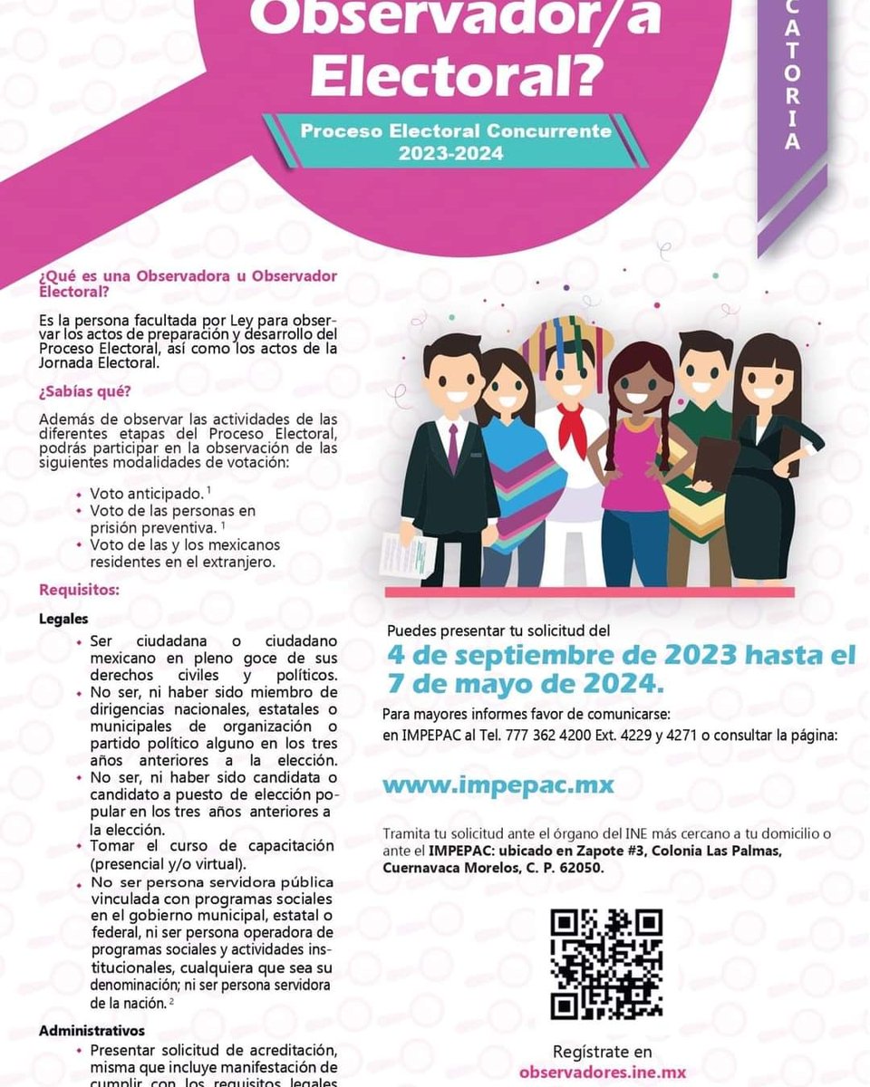 MorelosSop's tweet photo. ¿YA CONOCES LA CONVOCATORIA PARA OBSERVADORES ELECTORALES?

¡Infórmate y participa con nosotros en esta fiesta cívica! Aquí puedes consultar toda la información.

https://t.co/ywIZf9E3a5 https://t.co/3ZUH87cMNr