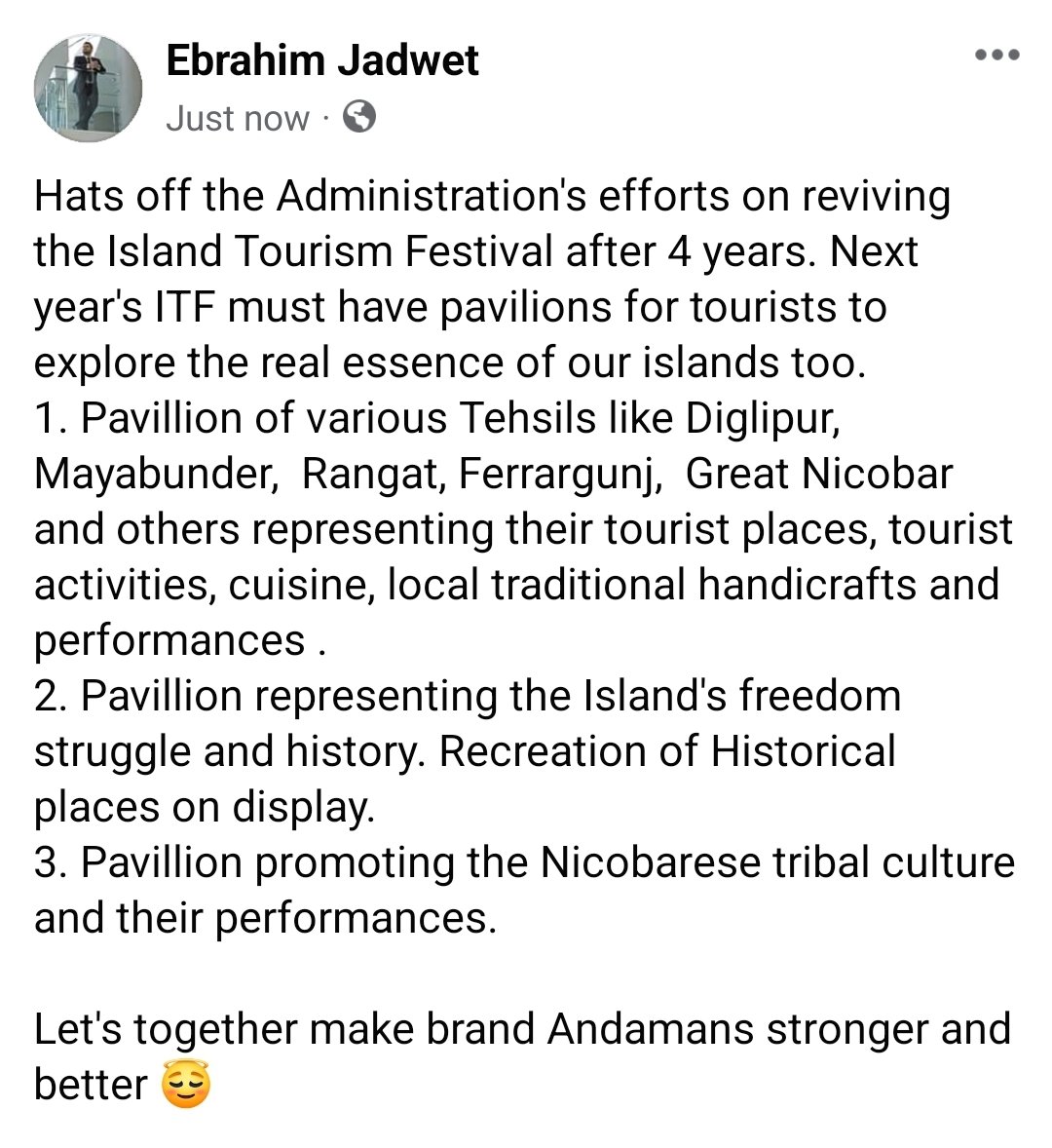 Great efforts by <a href="/TourismDeptANI/">Andaman and Nicobar Tourism</a> . I hope next year's ITF can have more activities for tourists 😇

#Andamantourism 

<a href="/Andaman_Admin/">Andaman and Nicobar Admn</a> <a href="/AndamanNews/">Andaman Chronicle</a> <a href="/djdiglipur/">DJ Venkatesh</a> <a href="/nicobartimes/">Nicobar Times</a> <a href="/KuldeepRSharma/">Kuldeep Rai Sharma</a>