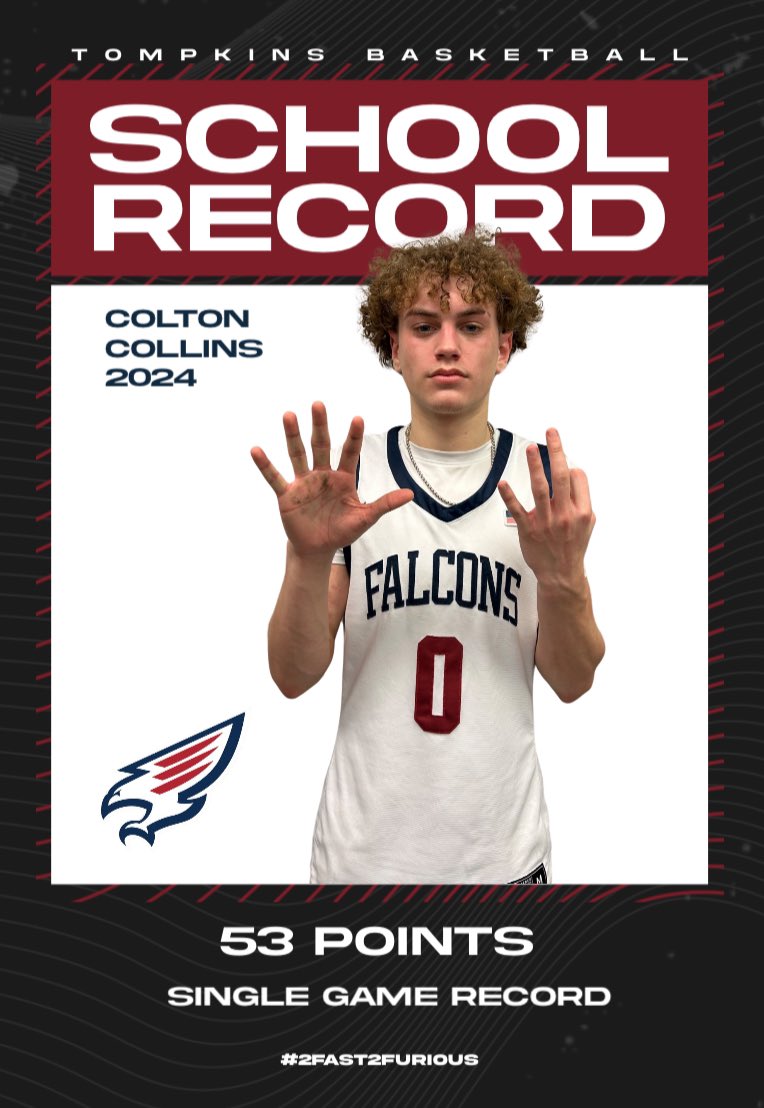 TOMPKINS BASKETBALL (@tompkinshoops) on Twitter photo Falcons WIN vs Aldine! Congratulations to <a href="/officialcoltonc/">Colton Collins</a> on breaking the school record with 53 points (9 three pointers) <a href="/TompkinsHS/">Tompkins High School</a> @othsstudents Falcons WIN vs Aldine! Congratulations to <a href="/officialcoltonc/">Colton Collins</a> on breaking the school record with 53 points (9 three pointers) <a href="/TompkinsHS/">Tompkins High School</a> @othsstudents