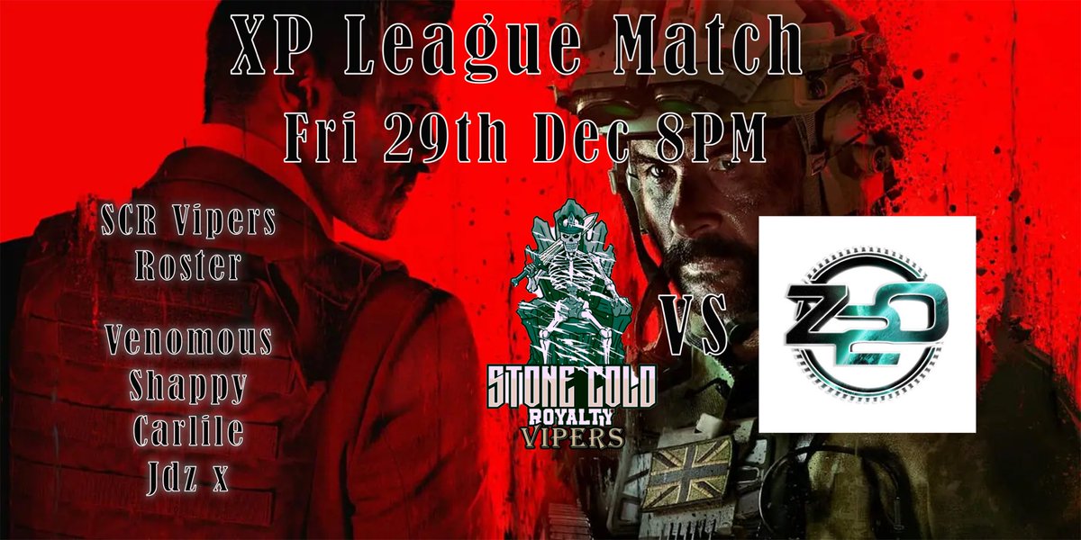 GAME TONIGHT! 🔫 

SCR VIPERS  Vs <a href="/TeamZero2One/">Zero2One</a> Cyan  

Let’s get that win in boys! 💪🏻
<a href="/XP_Leagues/">XP League</a> @XP_Europe

Roster for Vipers:
<a href="/DanielLee150294/">Daniel lee</a> 
<a href="/ShapcottLouis/">shappy</a> 
<a href="/chriscarlile12/">chris carlile</a>
<a href="/JordayyyJohnson/">Jdz x</a> 

Good luck boys 👌🏻💪🏻 You’ve got this!!

Watch live at 8pm kick.com/thebigfatbaldy