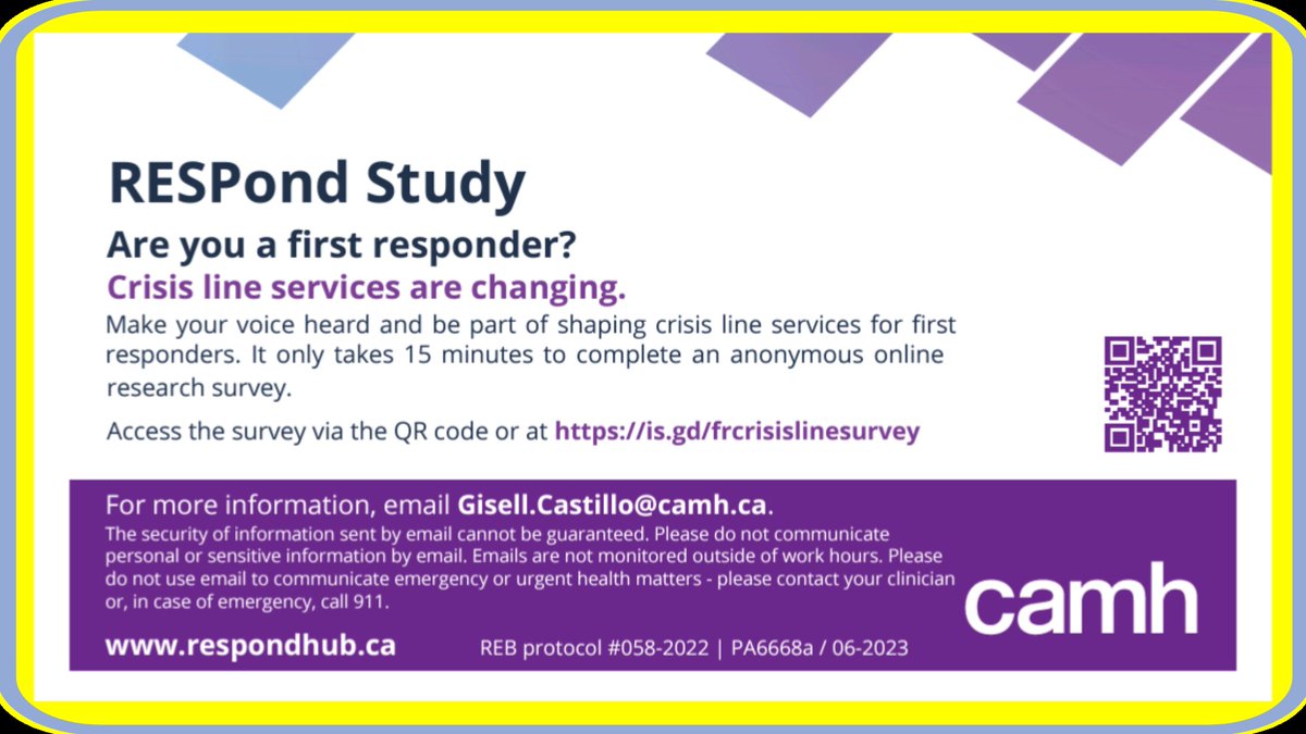 Using an anonymous online research survey, researchers at #CAMH are looking at ways to optimize crisis lines for first responders and public safety personnel: is.gd/frcrisislinesu…. #firstrespondermentalhealth #RESPondstudy @CACOParamedics @SEIUHealthCan @UniforTheUnion