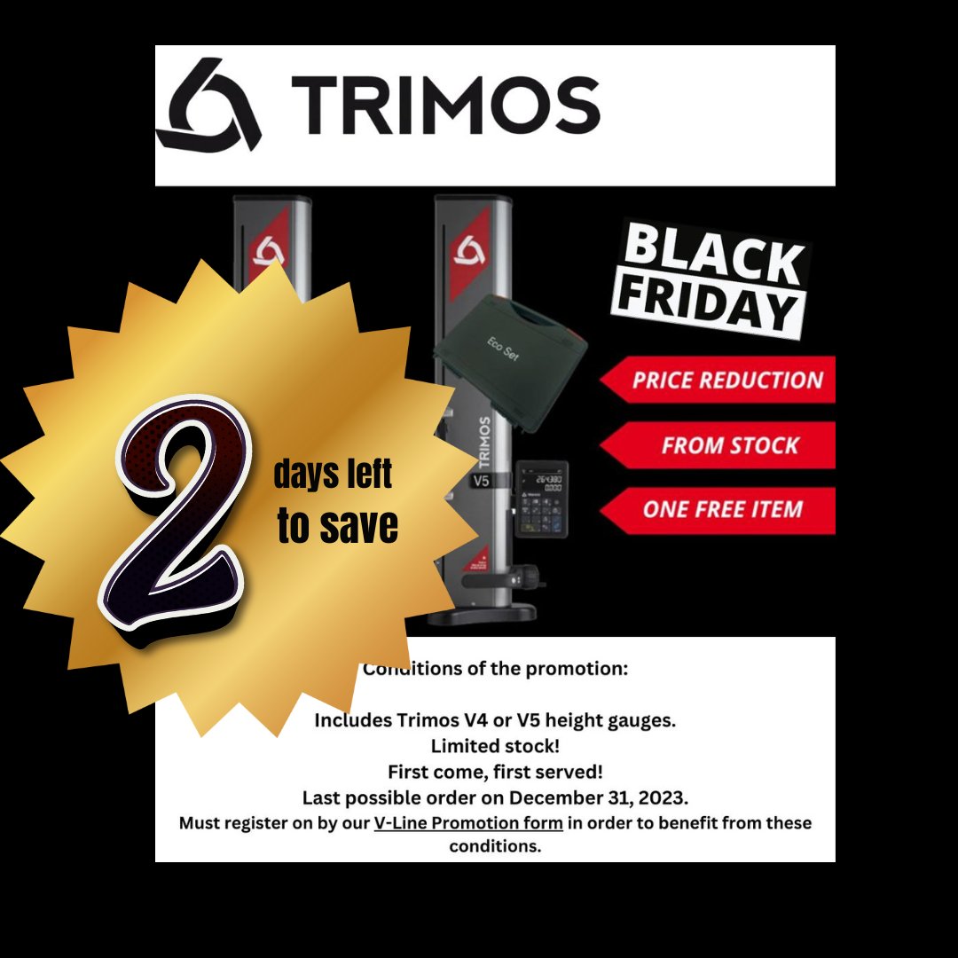 EclipsetoolsNA's tweet photo. SALE ending in 2 days! SAVE while you can!

Conditions of the promotion:
Includes Trimos V4 or V5 height gauges.
Limited stock! First come, first served!
Last possible order is on December 31, 2023.

GET DEAL HERE>> https://t.co/gTW3JSZxj0 https://t.co/h9XmXt3GEA