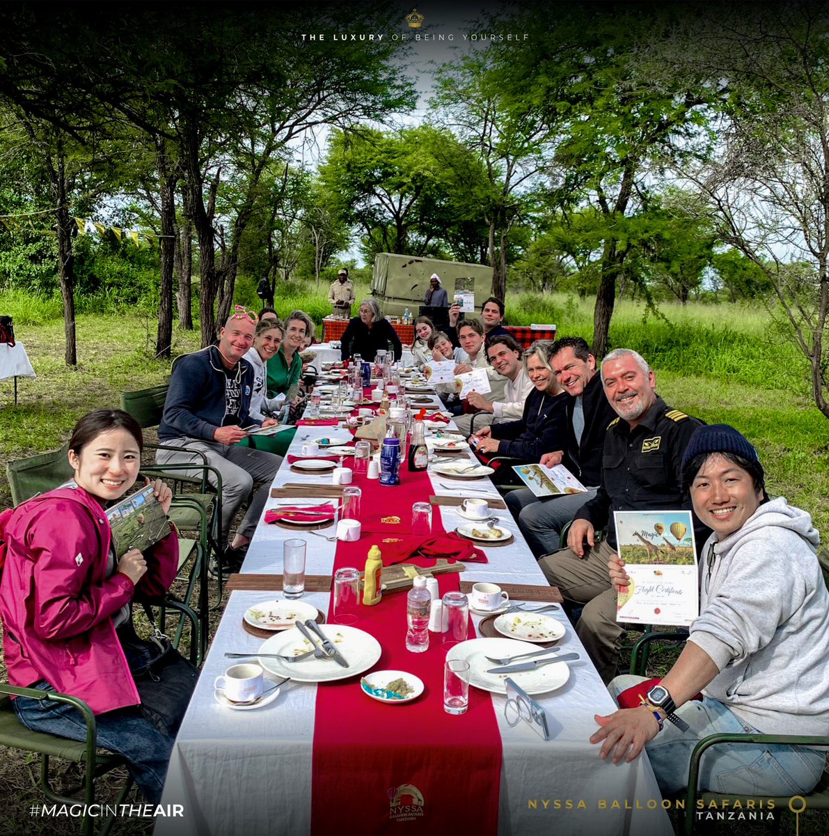 Happy passengers proudly hold certificates after a great Serengeti balloon ride, showing how much they enjoyed the experience.

Book your flight with a Bush Breakfast now : fly@nyssaballoonsafaris.com
+255 744 999 001
nyssaballoonsafaris.com
srilankaballoon.com

#serengeti