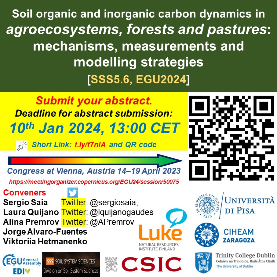 🎯 Submit an abstract to the #EGU24 Session '#Soil #organic and #inorganic #carbon dynamics in #agroecosystems, #forests and #pastures: mechanisms, measurements and modelling strategies' ⌛️Deadline 10th Jan 2024 🔗meetingorganizer.copernicus.org/EGU24/session/… #SOC @APremrov @EuroGeosciences @EGU_SSS