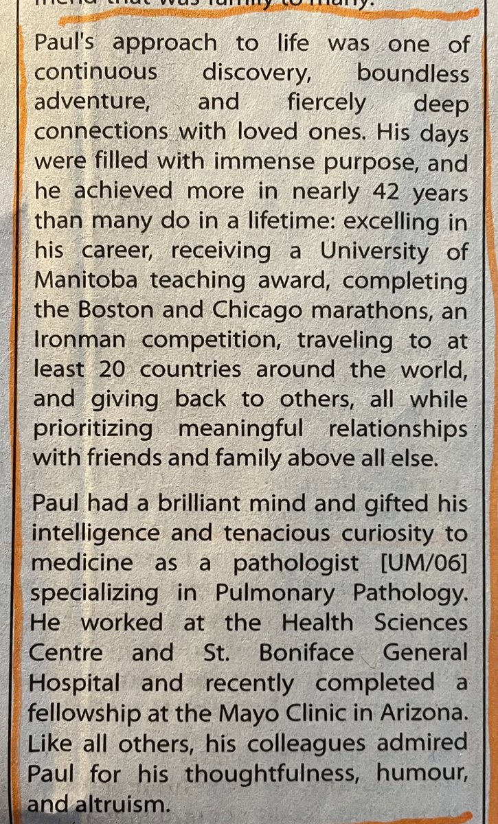 Paul Wawryko was a pathologist specializing in pulmonary pathology. He worked at both HSC and St Boniface hospitals and had recently finished a fellowship at the Mayo Clinic - he even completed both the Boston and Chicago marathons #RIP @WinnipegNews passages.winnipegfreepress.com/passage-detail…