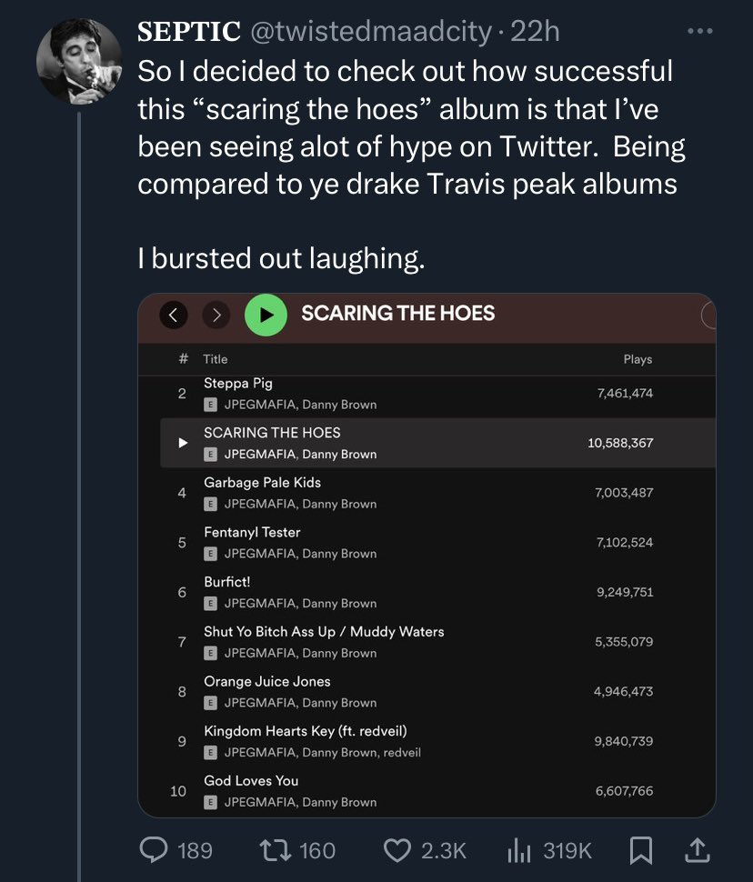 Pro tip: you will enjoy online music discourse a LOT more if you understand different fanbases and what their tastes are lol. 

Mainstream hip hop fans are probably not going to enjoy JPEGMAFIA &amp; Danny Brown and on the flip side, that fanbase will say experimental music > any