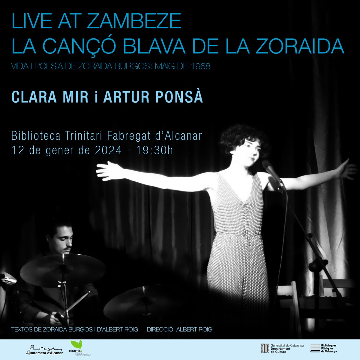BtfAlcanar's tweet photo. Live at Zambeze
Vida i poesia de Zoraida Burgos.
Espectacle musical amb textos de l'autora i Albert Roig, una bona oportunitat per conéixer m��s aquesta poetessa tortosina.
actriu: Clara Mir
músic: Artur Ponsà
direcció: Albert Roig

📆 divendres 12 de gener
⏰19:30h

Us esperem! https://t.co/7CcJyBmZoc