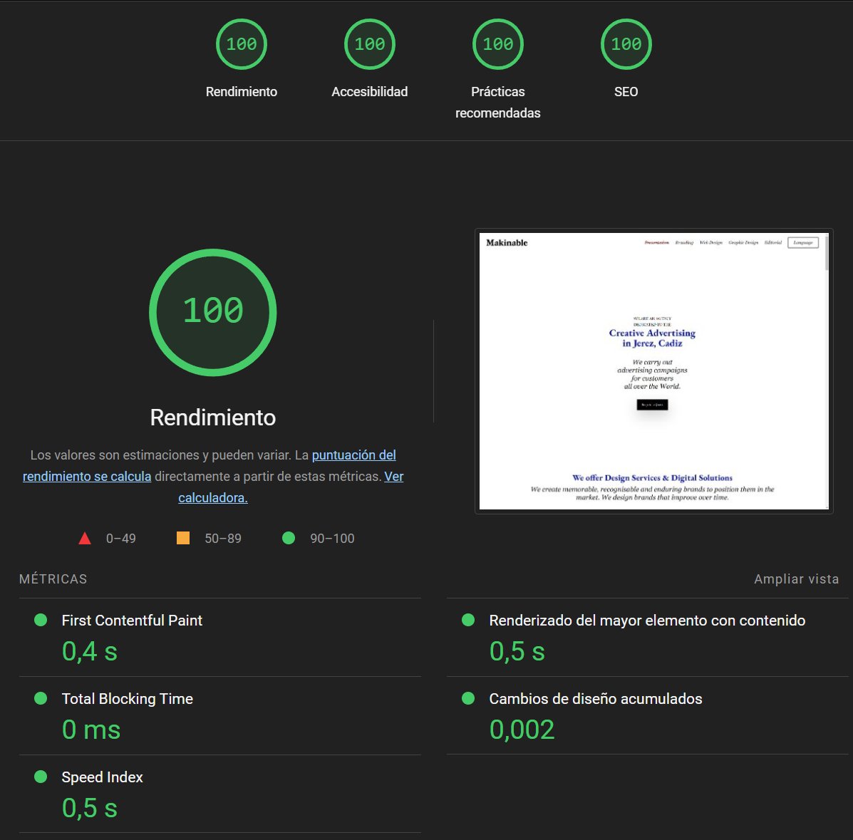 makinable's tweet image. Google ha actualizado Lighthouse a la versión 11.2: con esta nueva versión, más moderna y mejor adaptada a las nuevas prácticas recomendadas para el desarrollo web, la web de Makinable tiene puntuación de 98/100 en el test para móviles y de 100/100 en el test para ordenadores.