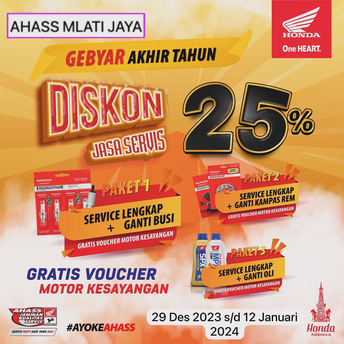 AstraHonda's tweet photo. Promo AHASS MLATI JAYA.. #bengkeljogja #bengkelhondajogja #bengkelmotorjogja https://t.co/I5aHvsOo3h
