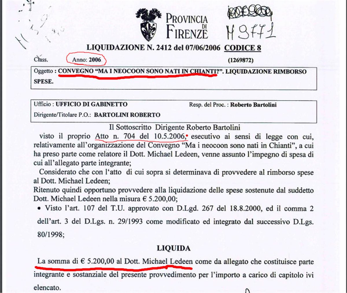 Wikileaks_Ita's tweet photo. La prov Firenze presieduta da wannabe Matteo #Renzi ha liquidato 5.200euro a Michael #Ledeen🕵️♀️USA🇺🇸 implicato caso #Moro #IranContra, #Billygate #Nigergate, loggia #P2 #Gelli dove insabbiò doc su #Haig e #Kissinger.. per 1 giorno convegno "Ma i neocon sono nati in Chianti ?" 2006 https://t.co/0CE7dGj7ub