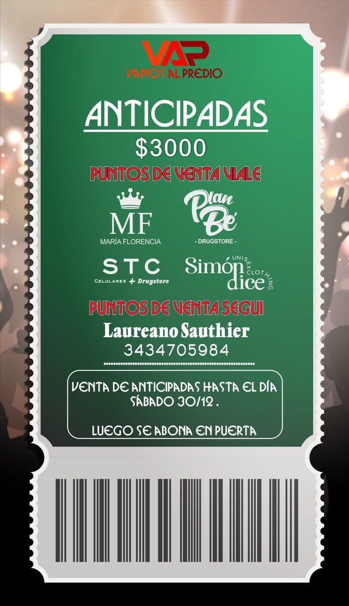 Recuerden que hasta mañana 30/12 sólo venta de anticipadas 🎫

Luego se compra en puerta el día de la fiesta.