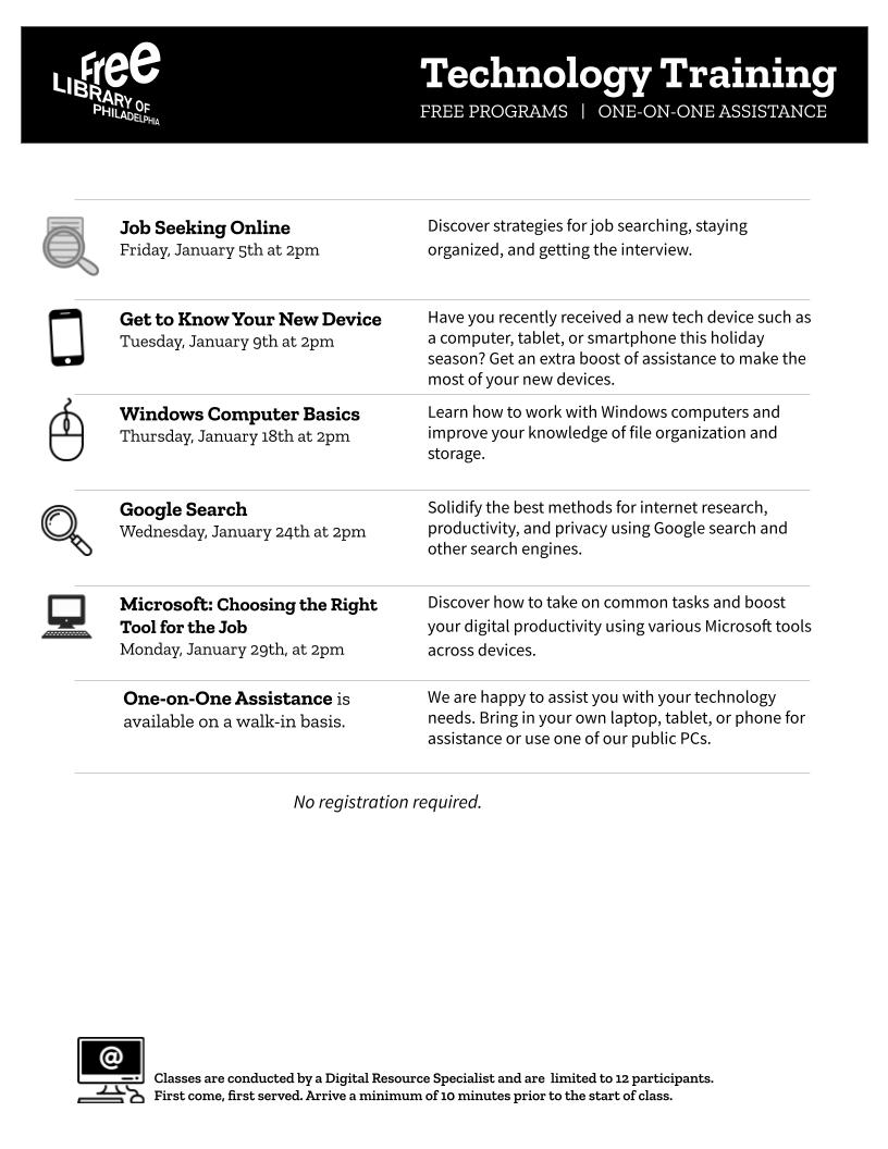 Keep improving your digital skills this New Year! Visit us for free classes and one-on-one help! 📲Did you get a new cellphone, tablet, or laptop this holiday season? Don't miss our class on the 9th! freelibrary.org/hotspots