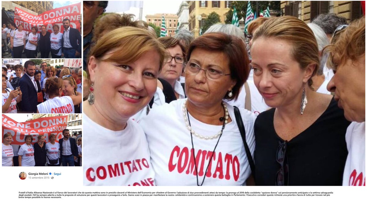 Darktiv's tweet photo. OPZIONE DONNA - Nella foto una Giorgia #Meoni del 2015 a caccia di voti manifestava in piazza per la difesa e la proroga di #opzionedonna. Oggi al governo ne sta smantellando la misura. #MeloniVergogna https://t.co/Yjp2ytUnpm