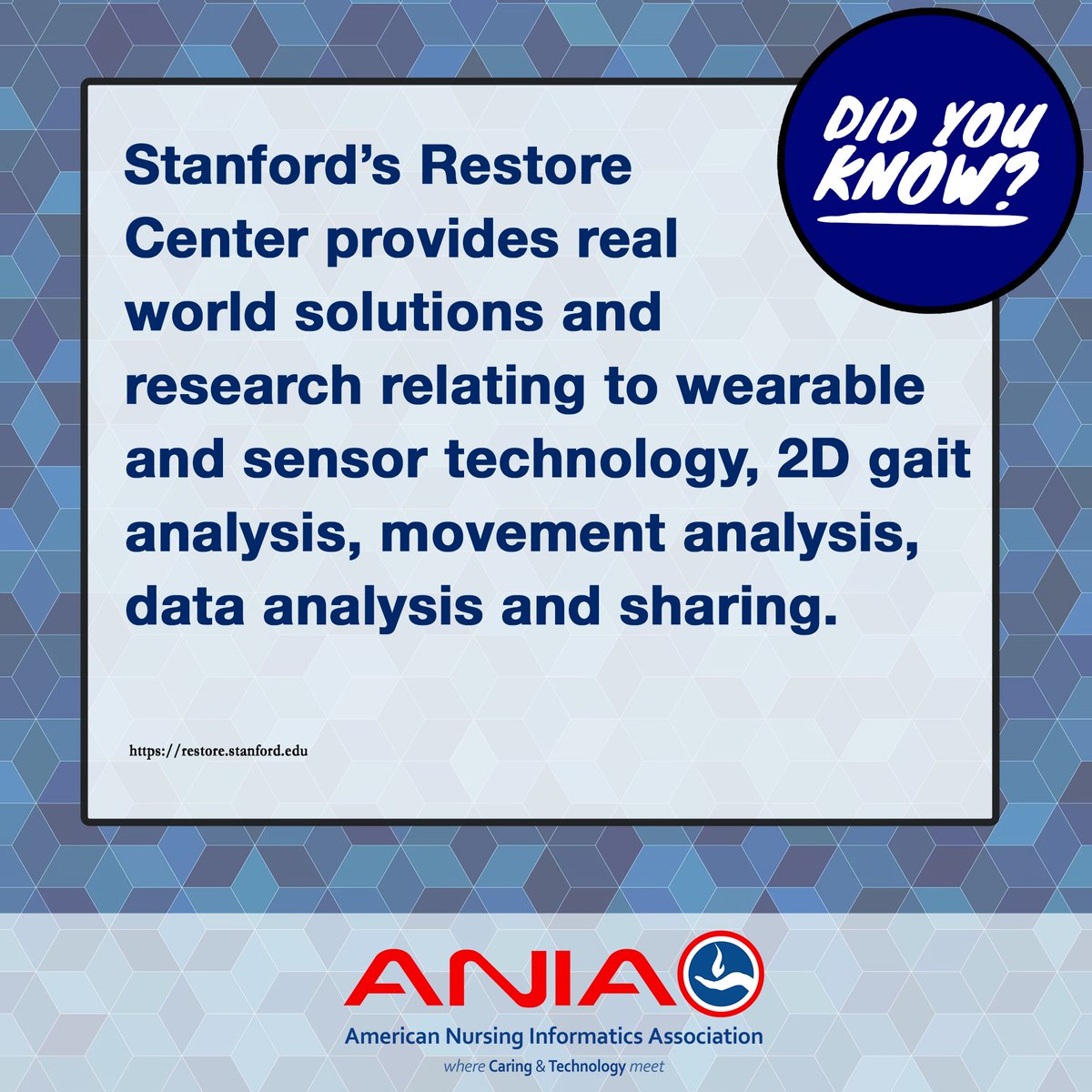 ANIAinformatics's tweet image. Stanford’s Restore Center provides real world solutions and research relating to wearable and sensor technology, 2D gait analysis, movement analysis, data analysis and sharing. #wearabletechnology #funfactsfriday #funfactfriday #factfriday