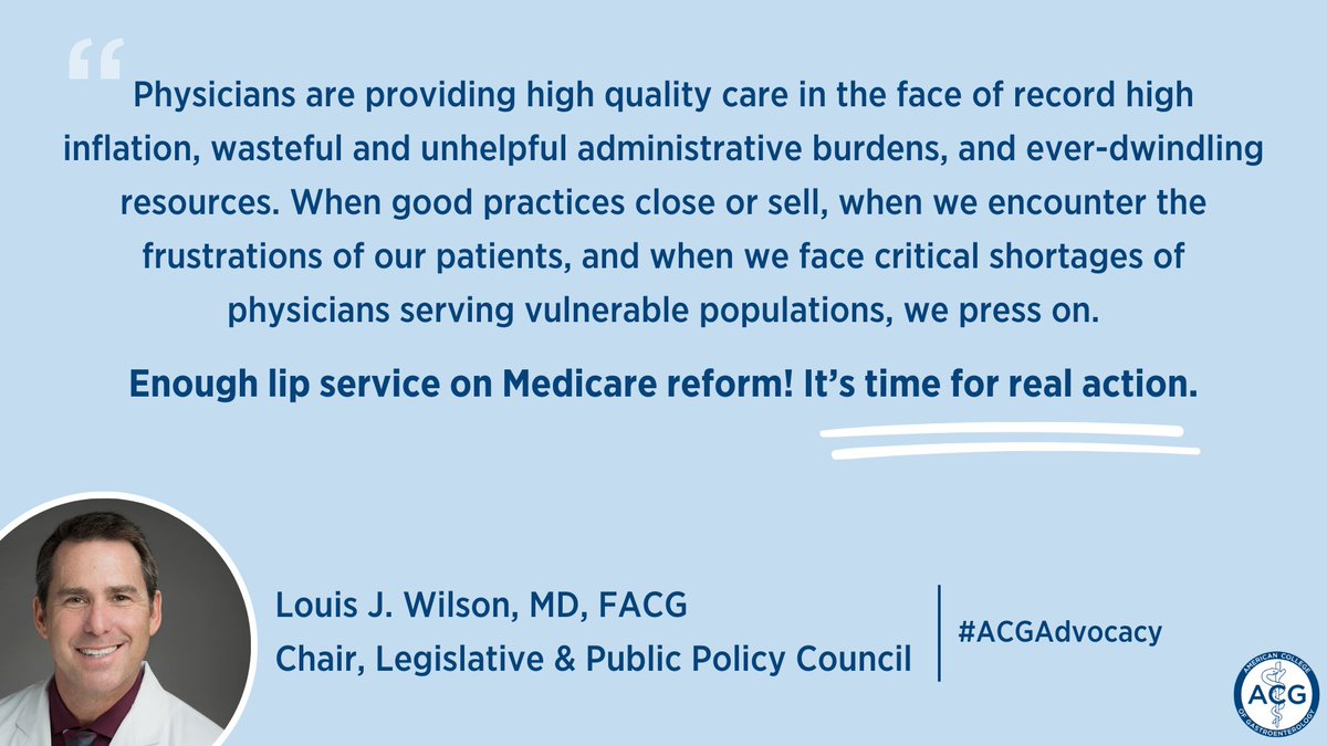 ACG is still angered by the damaging 3.4% Medicare physician reimbursement cut in 2024. In a new blog, Louis Wilson, MD, FACG breaks down our advocacy, looming sequestration and MIPS adjustments, and how to push your House Rep. to act. Read more: gi.org/2023/12/20/yea…