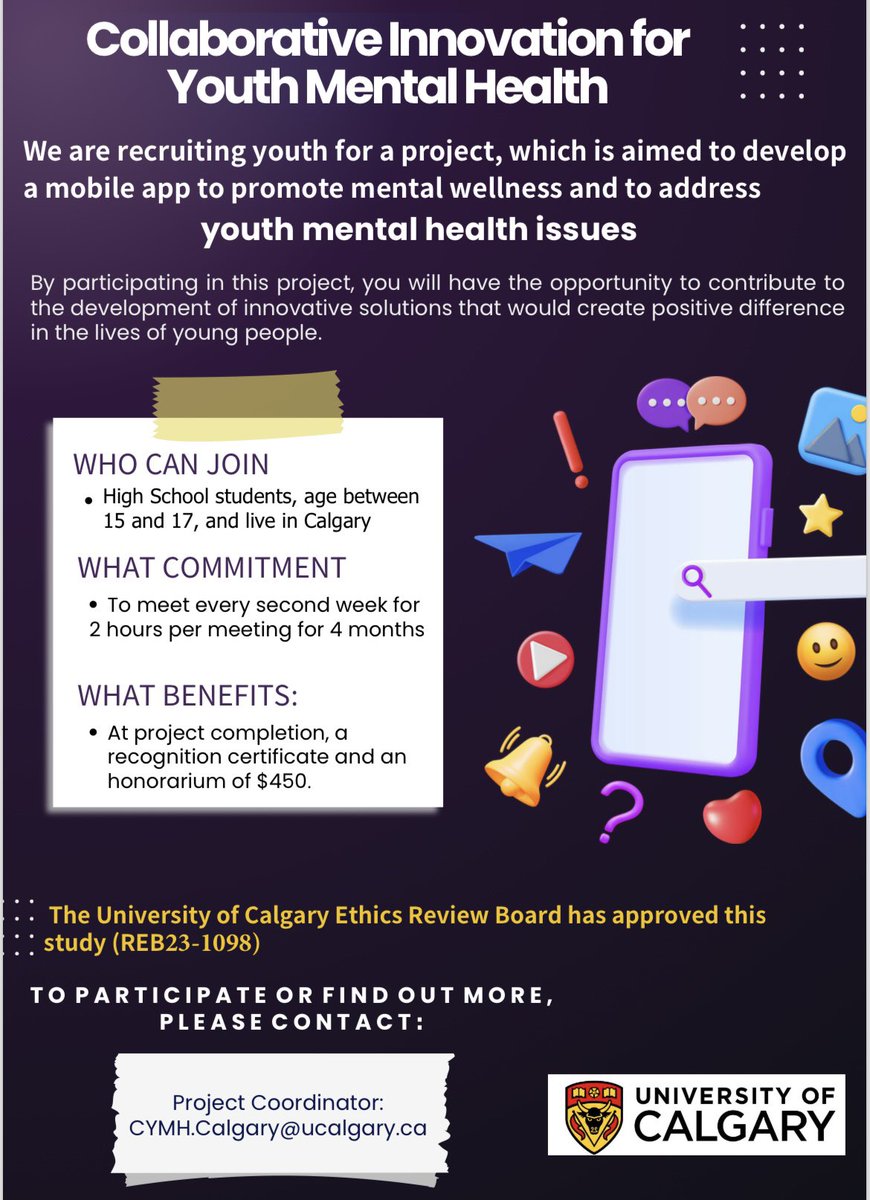 Attention Calgary youth aged 15-17! We have a new pilot project. This is a fun and meaningful project to collaborate with university students to create a mobile app to address youth mental health issues.