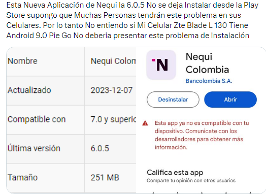 DesempleadoX's tweet photo. @Nequi Espero @Nequi pueda Solucionar el Problema que tiene con su Aplicación la Cual hasta el Momento No Funciona con los Celulares de Gama Baja o Media Baja los Cuales Funcionan con Android Go les Recomiendo arreglar el Problema ya que Muchos tendrán que emigrar a DaviPlata supongo... https://t.co/hVtJyvkjDN