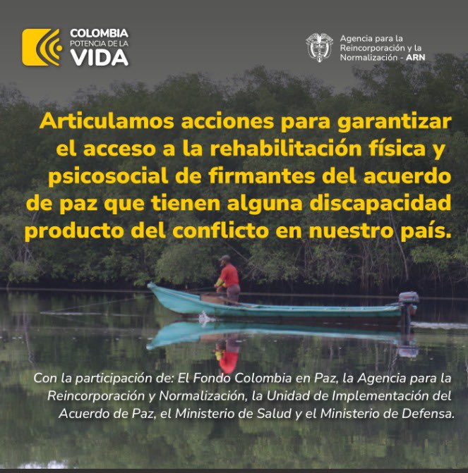 ¡Celebramos la aprobación del convenio para aportar a la garantía del derecho a la salud física y psicológica de las y los #FirmantesDePaz con discapacidades producto del conflicto! Agradecemos a <a href="/UAcuerdoPaz/">Unidad de Implementación del Acuerdo de Paz</a>, <a href="/MinSaludCol/">MinSalud Colombia 🇨🇴</a> y <a href="/mindefensa/">Mindefensa</a> por su esfuerzo en construir una #PazTotal