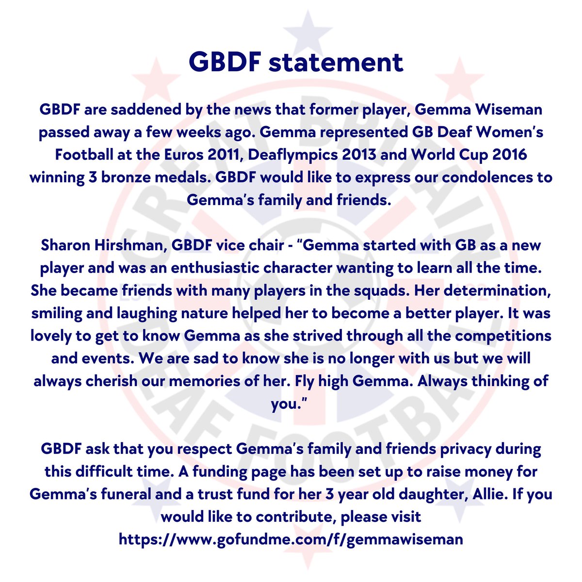 GBDeafFootball's tweet photo. GBDF are saddened that former player, Gemma Wiseman has passed away. Please respect Gemma’s family &amp; friends privacy during this difficult time. 

A funding page has been set up to raise money for Gemma’s funeral &amp; a trust fund for her 3 year old daughter  https://t.co/Do5ei0PFNc https://t.co/fNfsAphlnM