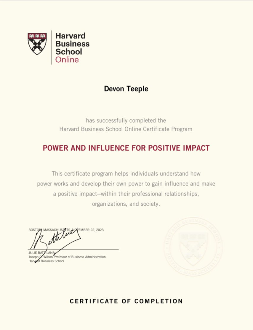 devonteeple's tweet photo. Excerpt from yesterday’s #wellnesswednesday 

🎓 And in the spirit of personal growth, I’m thrilled to share that I’ve completed my first class in a Harvard specialization - ‘Power and Influence for Positive Impact.’ This achievement isn’t just about the weight of Harvard’s name; it’s about the unexpected and rewarding paths life takes us. And the unexpected challenges you never thought you needed. @HarvardHBS 

I might not have believed if you had told me I’d be here a few years ago. But here we are, learning and growing every day.

Whether our challenges are on the ground, on the field, in the classroom, or in the boardroom, all of this is a learning opportunity and a chance to better ourselves.

#MentalHealthMatters #Harvard #RunningForChange #EducationJourney #DecemberRuns #MentalWellness #KeepMovingForward #LifelongLearning #RunAndLearn #WellnessWednesday #igniteCHANGE #Power #Influence #PositiveImpact #Running #lifeathbs