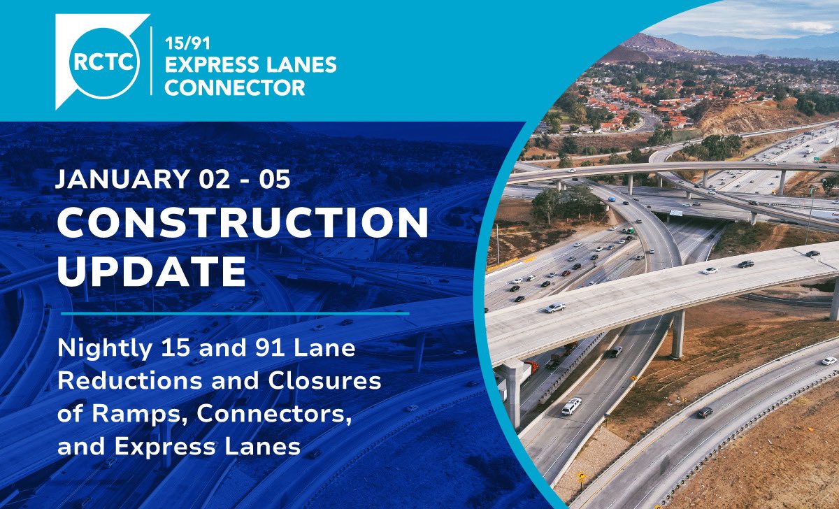 15ProjectSouth's tweet photo. Crews will continue to require nightly lane reductions and closures of ramps, connectors, and Express Lanes in the @cityofcorona the week of January 2-5.

Learn more: https://t.co/iBTC1BLAcO

Text CONNECTOR to (844) 771-0995 for the latest construction updates.

@Caltrans8 https://t.co/toWaJQNFJA