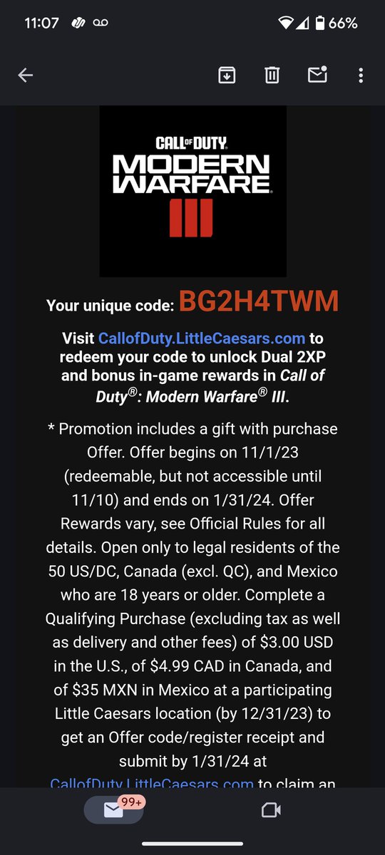 Vossler_XIII's tweet photo. Thank God it's Friday! Another code #CallofDuty #CallOfDutyModernWarfare3 #littlecaesars #redeemcode #boostcode #dualxp #ModernWarfareIII #ModernWarfare3 https://t.co/tTe3YVBCWq