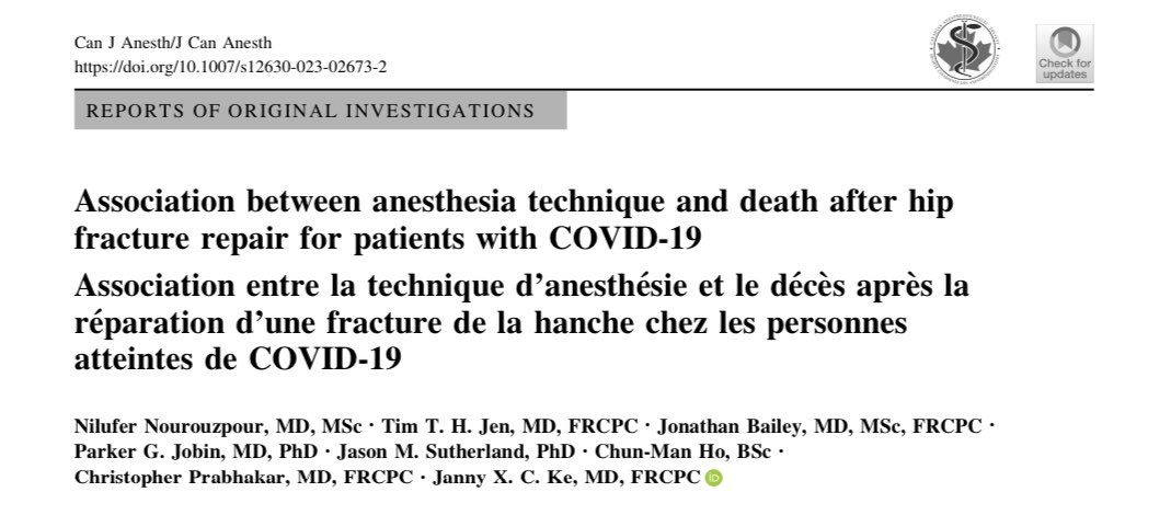 Jon Bailey MD MSc FRCPC EDRA 🇨🇦🧗🏄♂️ (@jon_bailey_anes) on Twitter photo 1/2
#1 indication for spinal is severe lung disease, right?
What about COVID +?
Database study, COVID lab+
GA vs SA
Didn’t find a stats difference (-)
However low study numbers despite a very large database.
<a href="/jannyke/">Janny Ke, MD MSc</a> <a href="/DrTimJen/">Tim Jen MD MHSc FRCPC</a> <a href="/ChrisPrabhakar/">Chris Prabhakar</a>
<a href="/CJA_Journal/">CJA - Canadian Journal of Anesthesia</a> 1/2
#1 indication for spinal is severe lung disease, right?
What about COVID +?
Database study, COVID lab+
GA vs SA
Didn’t find a stats difference (-)
However low study numbers despite a very large database.
<a href="/jannyke/">Janny Ke, MD MSc</a> <a href="/DrTimJen/">Tim Jen MD MHSc FRCPC</a> <a href="/ChrisPrabhakar/">Chris Prabhakar</a>
<a href="/CJA_Journal/">CJA - Canadian Journal of Anesthesia</a>
