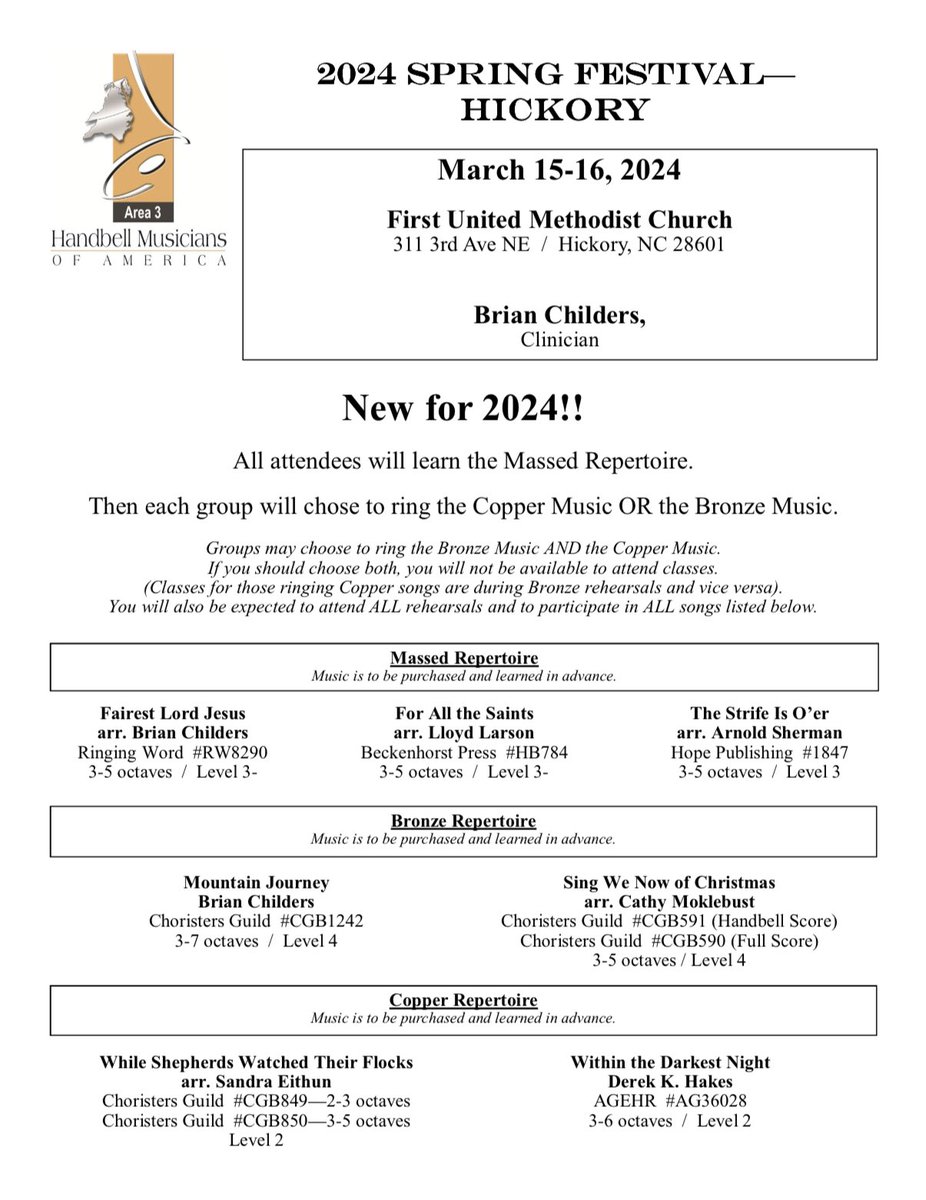 Area3Handbells's tweet photo. Did you know we have 2 Spring Festivals each year? For 2024, our 2nd Spring Festival will be held at First UMC in Hickory, NC. You have one more week to take advantage of the early bird registration for the Hickory festival! Register today!!

https://t.co/lmjinPbdWX https://t.co/1uZ9M3Ty14