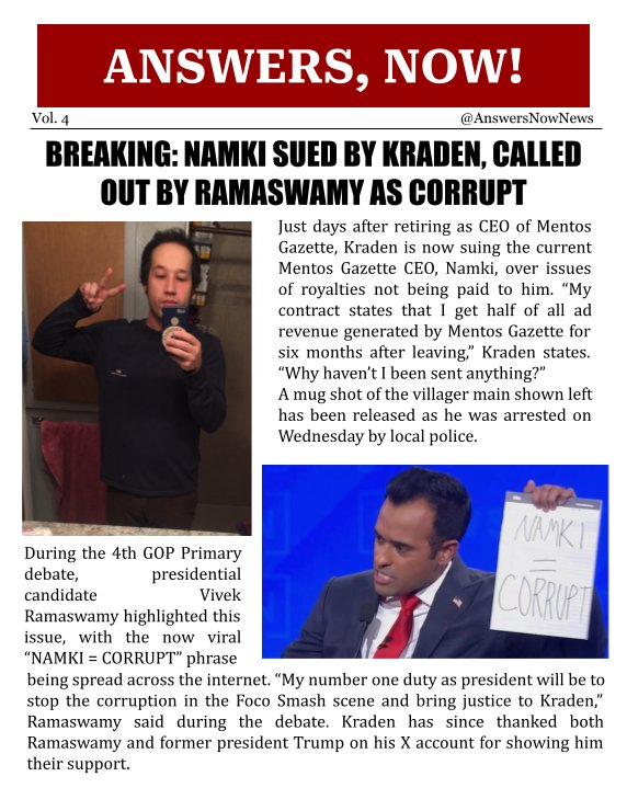Answers, Now! (@answersnownews) on Twitter photo 🚨 BREAKING NEWS: <a href="/VivekGRamaswamy/">Vivek Ramaswamy</a> calls <a href="/jamkinamki/">&&& | Namki</a> corrupt as he fails to pay <a href="/MentosGazette/">Mentos Gazette</a> royalties to <a href="/KradenSSB/">Kraden</a> 🚨 BREAKING NEWS: <a href="/VivekGRamaswamy/">Vivek Ramaswamy</a> calls <a href="/jamkinamki/">&&& | Namki</a> corrupt as he fails to pay <a href="/MentosGazette/">Mentos Gazette</a> royalties to <a href="/KradenSSB/">Kraden</a>