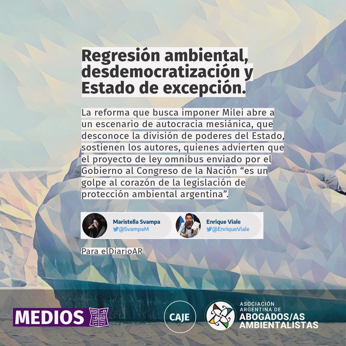 🚨 Regresión ambiental, desdemocratización y Estado de excepción

🌿 <a href="/SvampaM/">Maristella Svampa</a> <a href="/EnriqueViale/">Enrique Viale</a> en  <a href="/eldiarioar/">elDiarioAR</a> 

🌐 (...) la autocracia mesiánica de Milei busca borrar normativas protectoras en un escenario de desdemocratización a gran escala.

aadeaa.org/regresion-ambi…