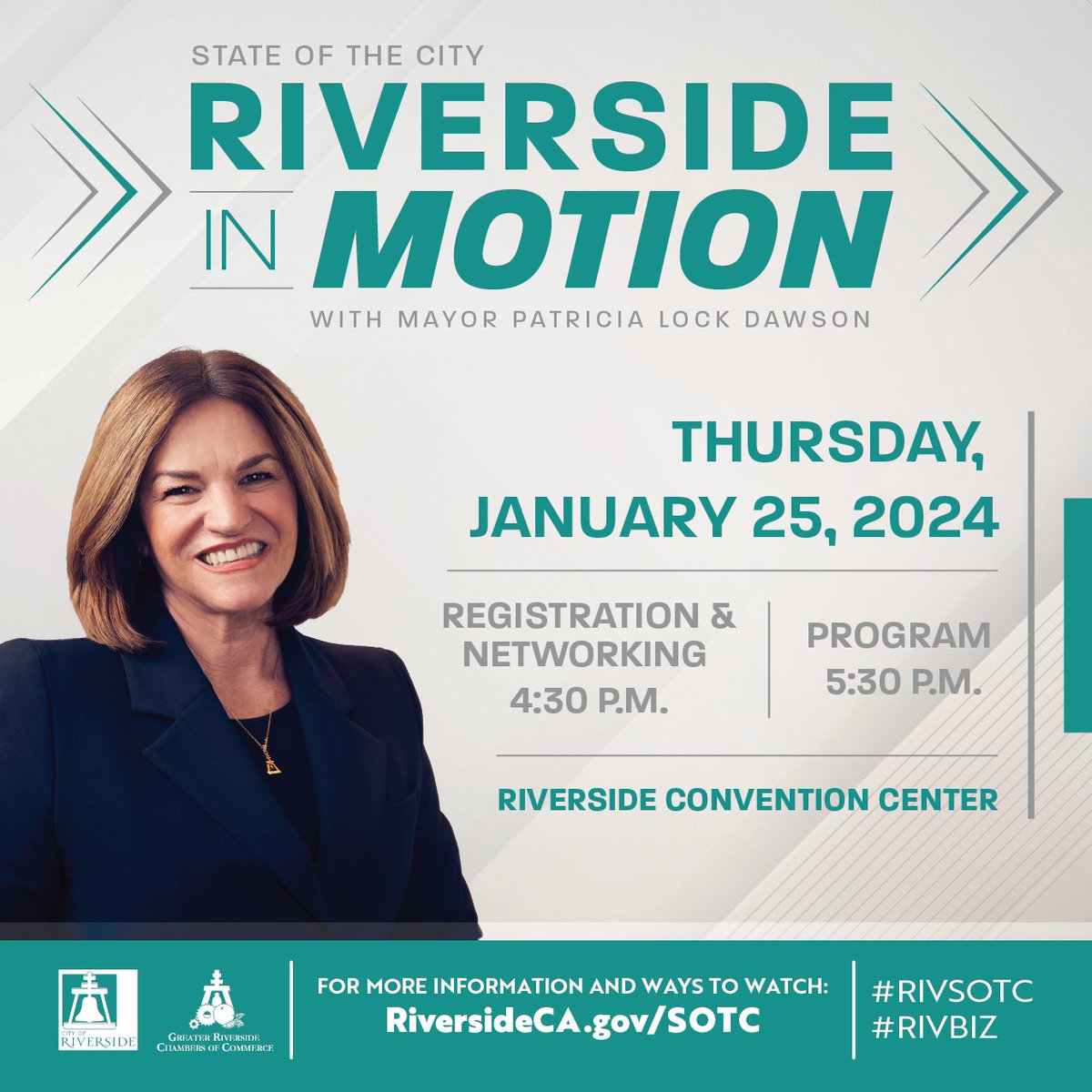 Join us at the Riverside Convention Center on Thursday, January 25, 2024, for @mayorlockdawson's State of the City Address. Discover and explore opportunities to be part of the excitement in Riverside in the upcoming year! Learn more at RiversideCA.gov/SOTC.