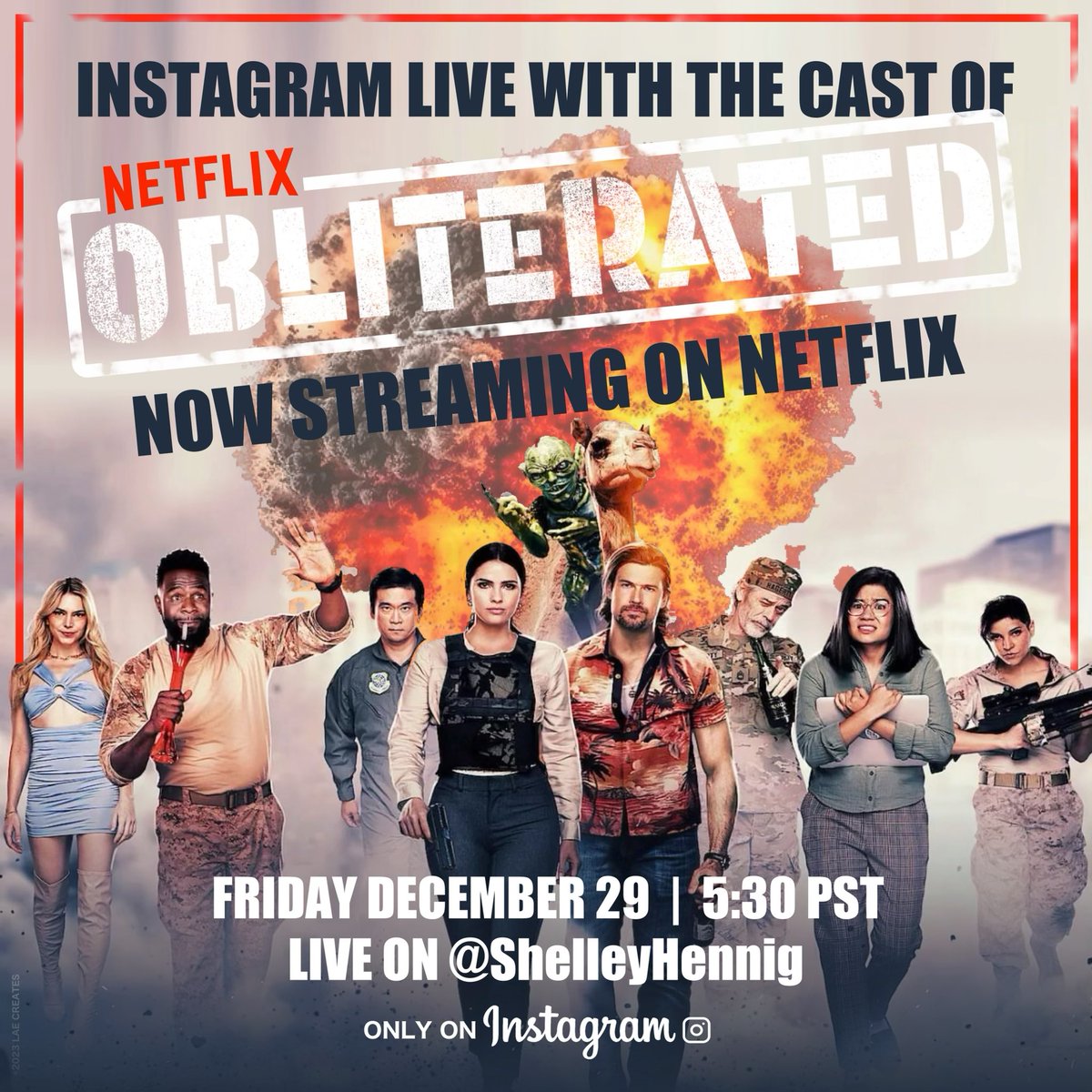 See you Tonight LIVE with the cast of #Obliterated for an Instagram live @ 5:30pm PT / 7:30pm CT on @shelleyhennig ‘s live on Instagram ❤️‍🔥 🔥 ❤️‍🔥