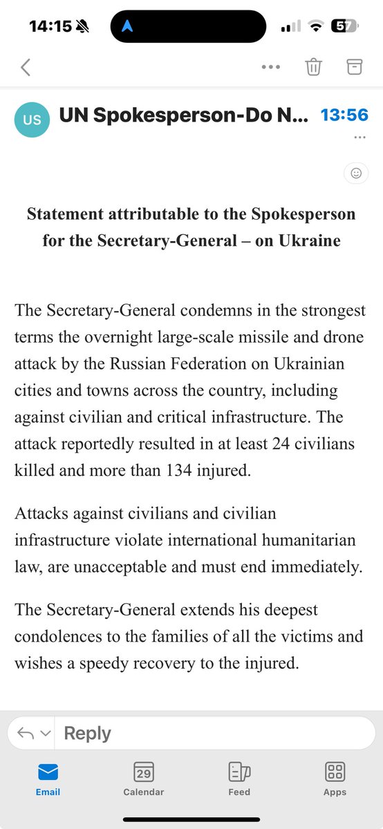The @UN Secretary-General ⁦@antonioguterres⁩ condemns in the strongest terms the overnight large-scale missile & drone attack by the Russian Federation on Ukrainian cities & towns across the country, including against civilian & critical infrastructure: