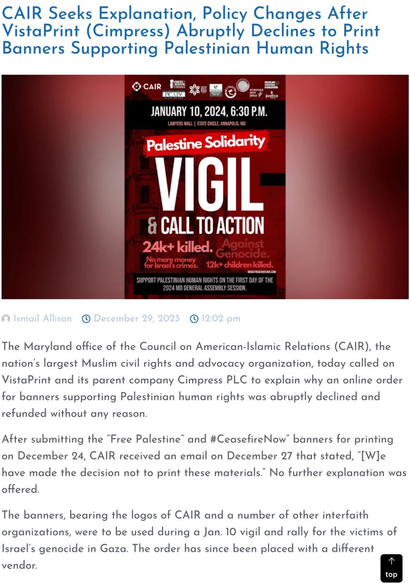 KimWexlerMAJD's tweet image. 🔥 #VistaPrint Declines to Print Banners for #CAIR 🔥

After submitting “Free Palestine” and #CeasefireNow” banners for printing on Dec. 24, CAIR received an email on Dec. 27 stating, “[W]e have made the decision not to print these materials.”

29DEC23
cair.com/press_releases…