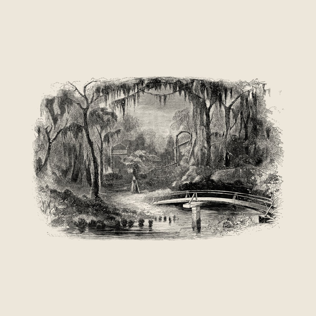 Harper's Weekly December 1, 1860 issue features an idyllic portrayal of the Entrance to Bonaventure Cemetery, Savannah, Georgia, by artist Thomas Addison Richards and captures the cemetery's early existence of moss-draped trees, arched gates, a rustic bridge, and a lone figure.