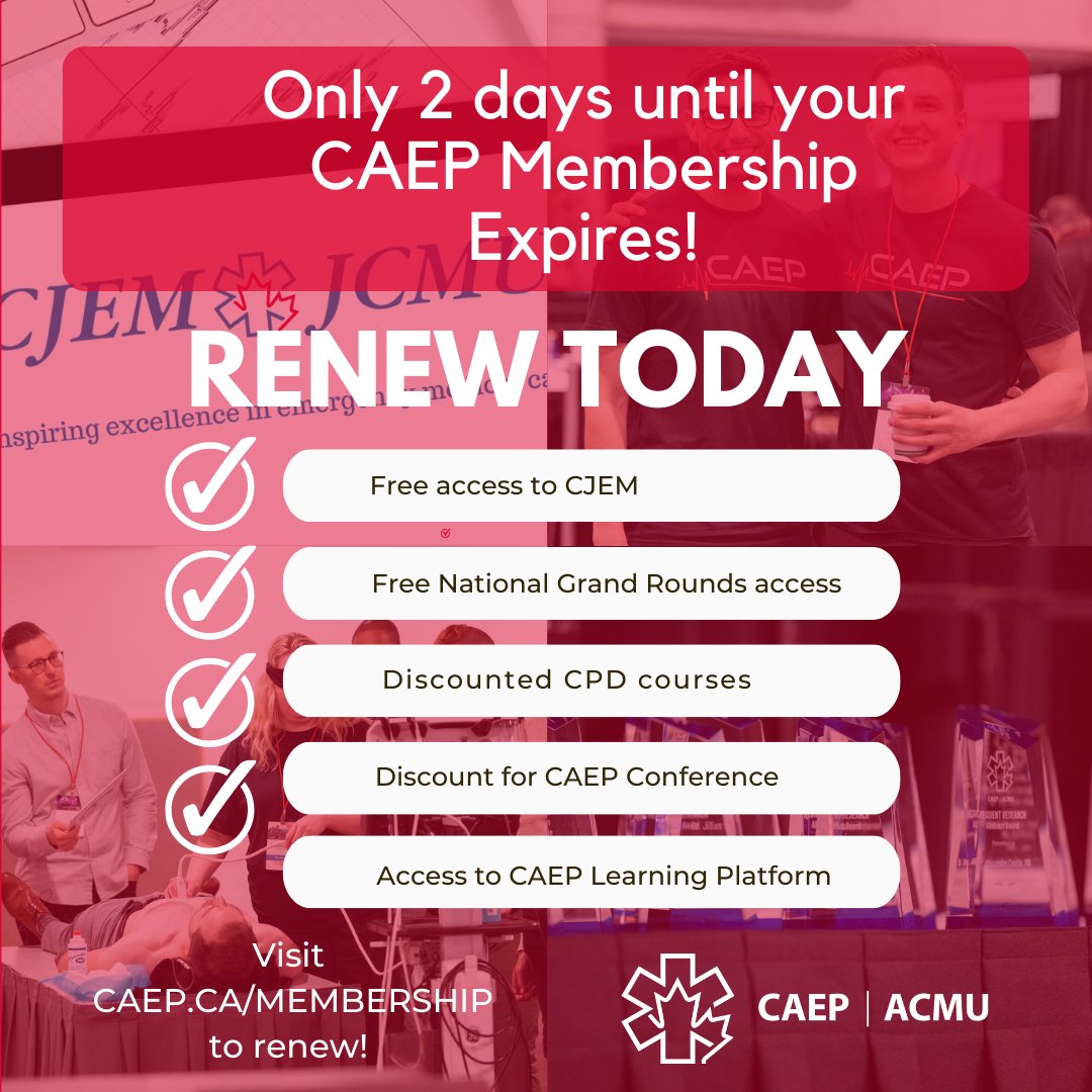 Time is ticking! ⏰ Only two days left to renew your CAEP membership and stay connected with the amazing EM community. Get ready for another year of growth, learning, and connection! 🚀 #CAEPMembership #CAEP2024 visit: caep.ca/membership
