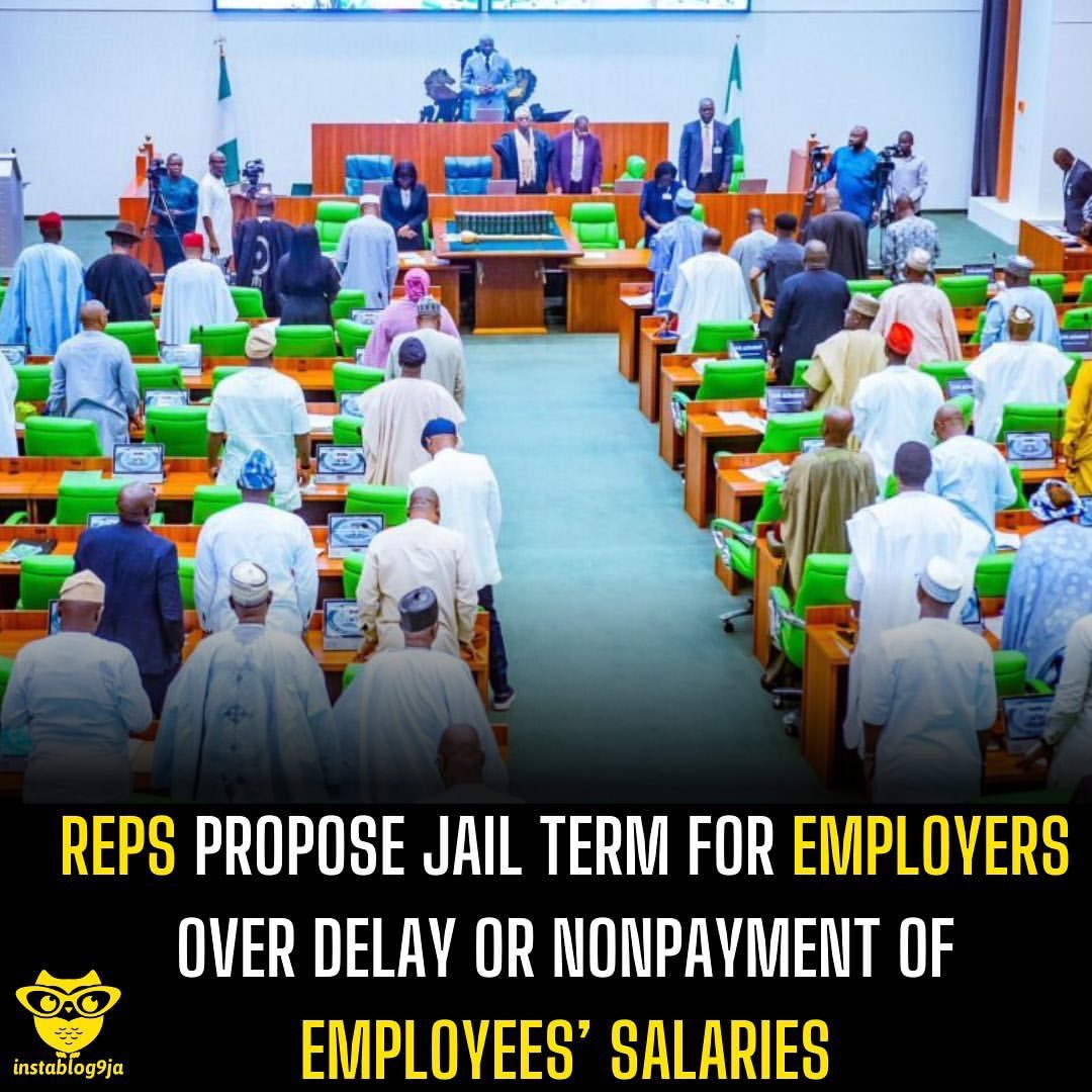 instablog9ja's tweet photo. Reps propose jail term for employers over delay or nonpayment of employees’ salaries

Many employers of labour, including individuals and corporate bodies, risk being jailed for delay or nonpayment of their employees’ salaries following a new proposed bill at the House of Representatives.
