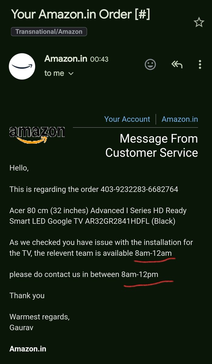 Mukteswar_P's tweet image. Such a pathetic experience with @amazonIN customer support on @Acer / @Acer_India product purchase. They clearly but indirectly confirm that they have process to trouble customer. Here is another email which shows their way of troubling #ScamByAmazon