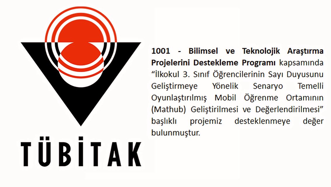 “İlkokul 3. Sınıf Öğrencilerinin Sayı Duyusunu Geliştirmeye Yönelik Senaryo Temelli Oyunlaştırılmış Mobil Öğrenme Ortamının (Mathub) Geliştirilmesi ve Değerlendirilmesi” başlıklı 1001 projemiz TÜBİTAK tarafından desteklenmeye değer bulunmuştur.