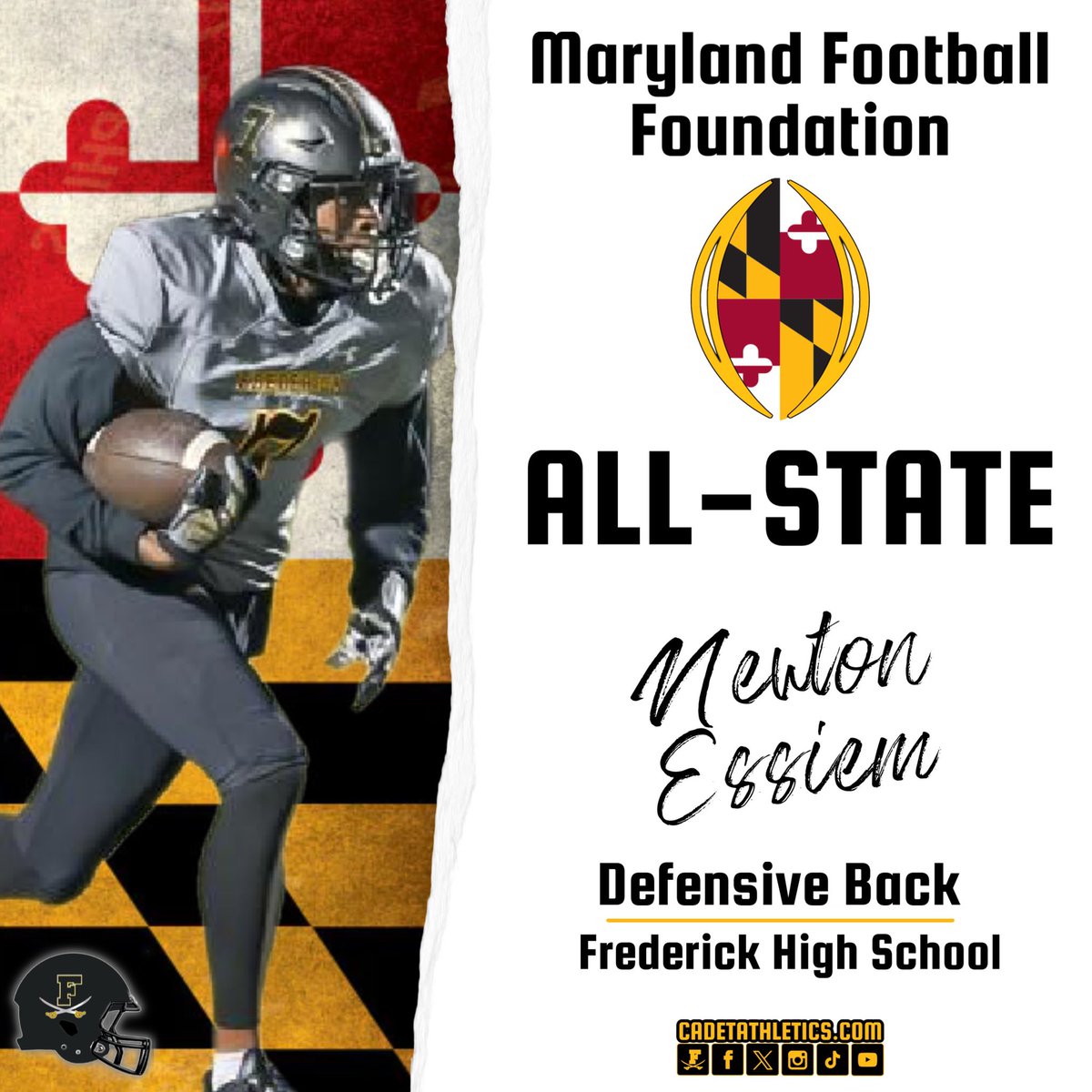 🦀Cadetathletics.com All-State🦀

Congratulations to Cadet senior defensive back, Newton Essiem who was named to the 4a/3a All-State Team by the Maryland Football Foundation.

⚔️ | #BigFred | ⬛️🟨 | #ProtectTheParkway