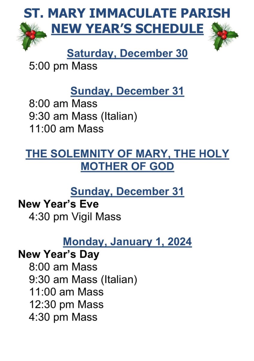 As we are approaching New Year our Mass schedule is: