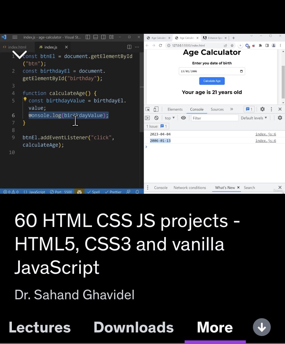 Thank you @CodeWithSahand it is an awesome course to practice #html, #CSS and #javascript by doing hands-on 60 #FrontEnd projects 🔥ستون مشروع عملي لتصميم 60 مشروع لواجهات مستخدم لبناء خبرة عملية في كل مهارات تطوير واجهات المستخدم html ، css و كذلك JavaScript 👍