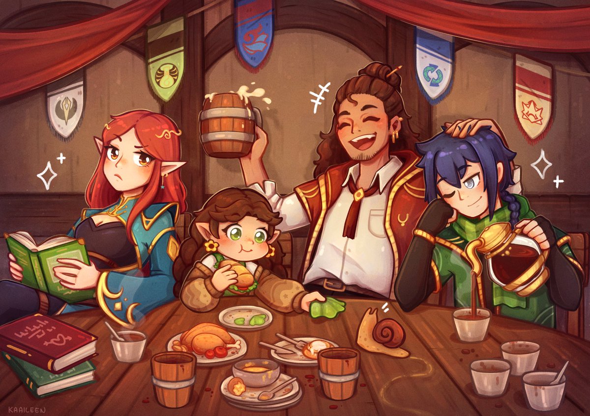 KaaiLeen_'s tweet photo. Just a small group of magic students having a chill lunch after defeating some bad guys ✨☕️🌙📚🌱🐌

I finally finished this drawing of my D&amp;D group AAAA LOOK AT UUUUUUSSS 😭 https://t.co/BdeQNi6pHC