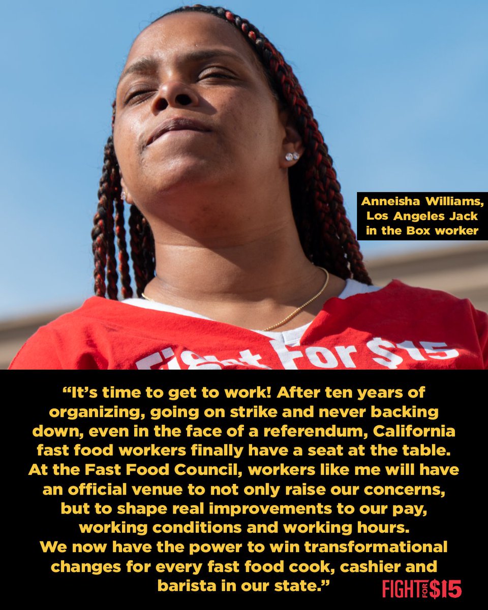 FightForAUnion's tweet photo. IT'S OFFICIAL: Today corporate interest groups officially withdrew their referendum efforts in California, clearing the way for the creation of the nation's first #FastFoodCouncil

Los Angeles worker leader and @JackBox worker Anneisha Williams released the following statement: https://t.co/7gU5USbath