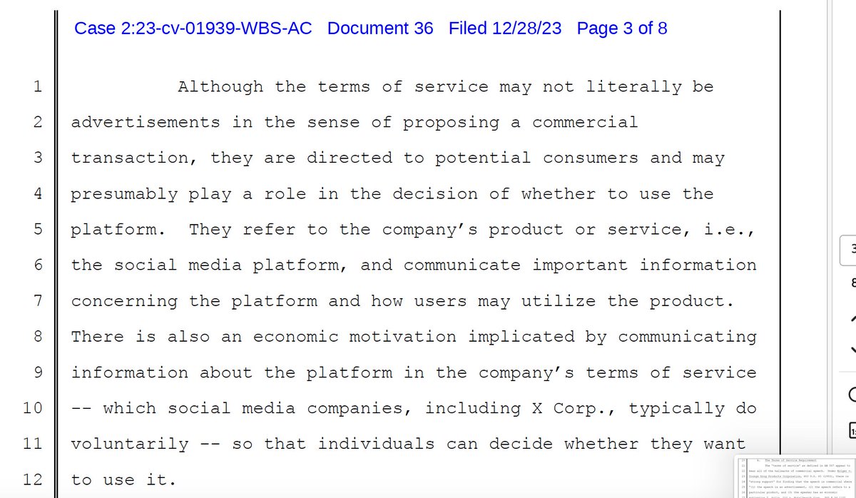 Judge rejects @X request to block California law requiring social media companies to post terms of service. Says terms of service are 'commercial speech' mediapost.com/publications/a…