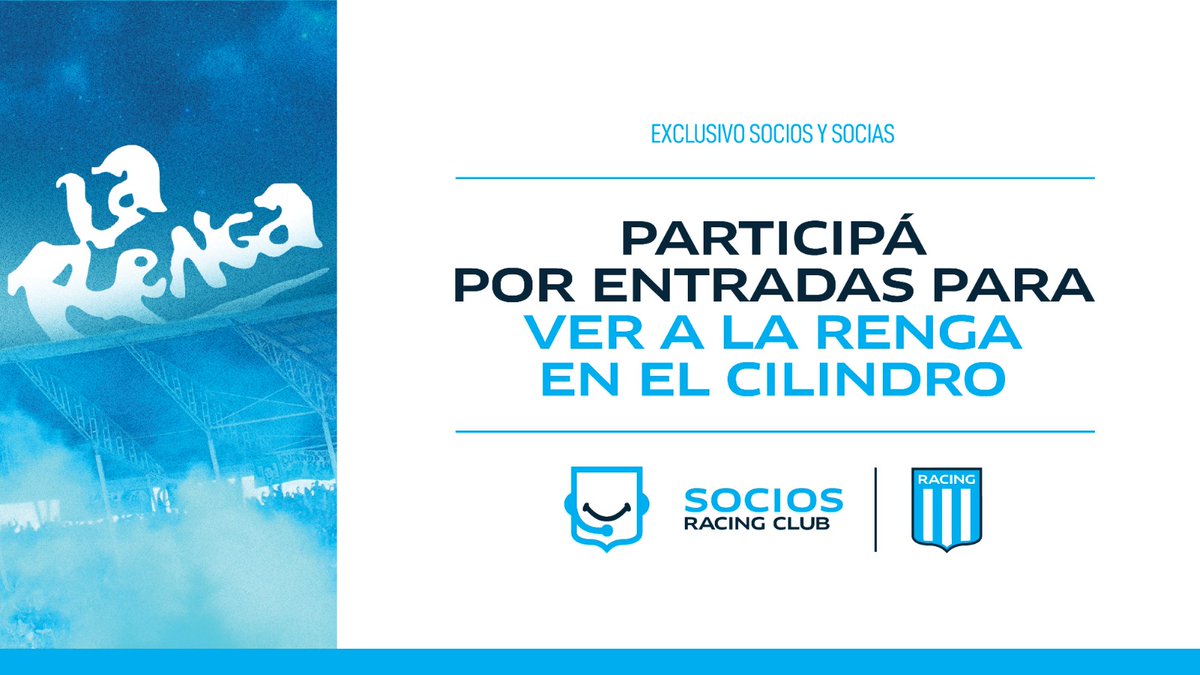 RacingSocios's tweet photo. SORTEO EXCLUSIVO PARA SOCIOS Y SOCIAS.

Participá por ganarte entradas para ir a ver a La Renga en el Cilindro, el próximo 6 de enero 🎫🎸🎵

✅ Indicá tu nombre y últimos 3 números de socio/a
✅ Cuota de diciembre abonada
✅ RT y fav a la publicación
2⃣ Doble chance si sos abonado/a a platea 2024.

⏳ El martes 2/1 conoceremos a los ganadores/as.

No existo más que para vos 🎶💙